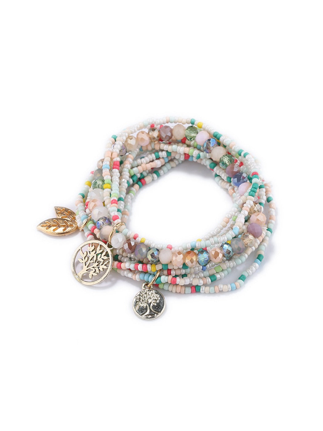 Lovra bracelet coiled to show leaf pendant and bead pattern from above
