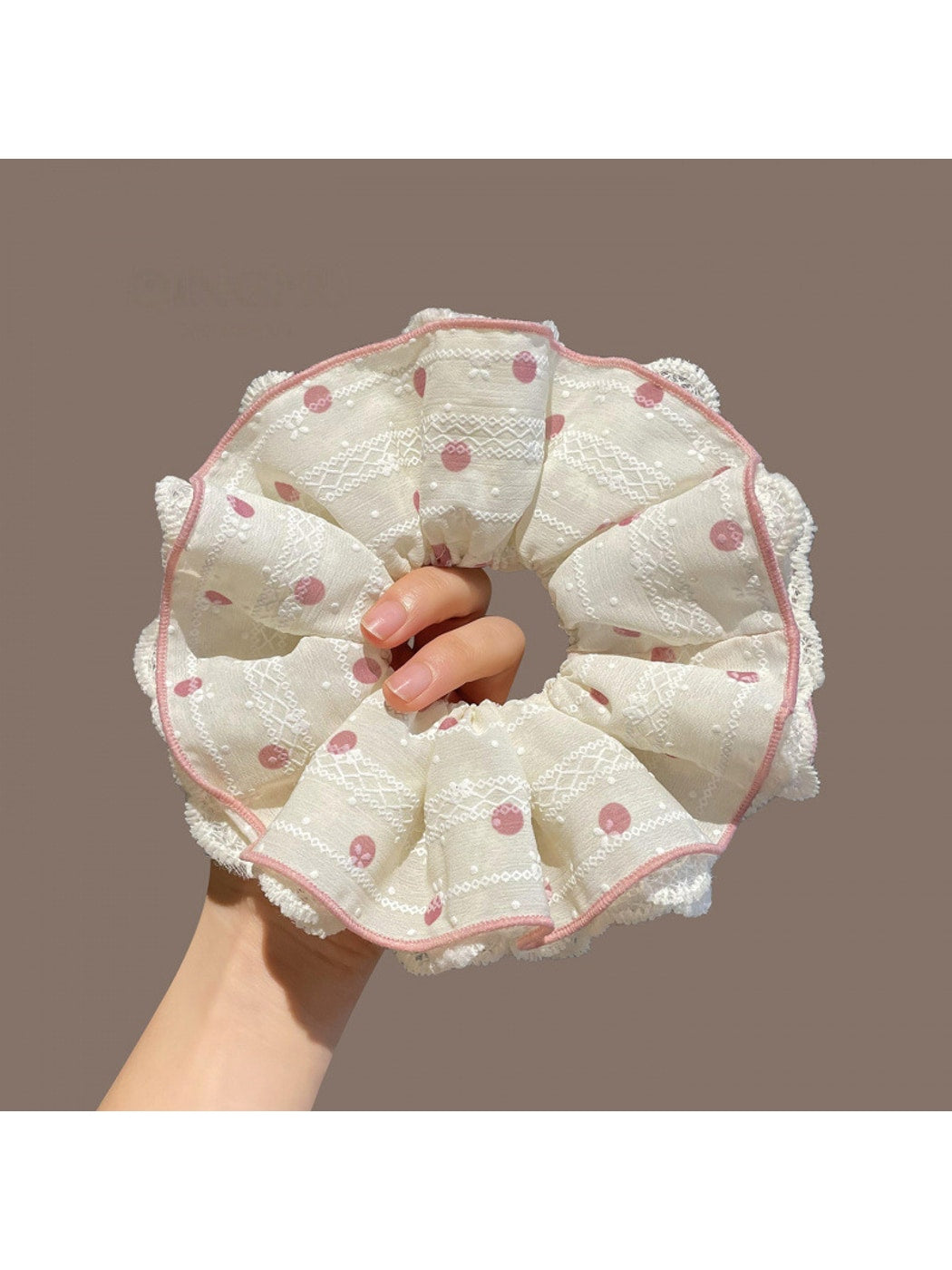 Gifty - Polka Dot Lace Trim Double Layer Scrunchie