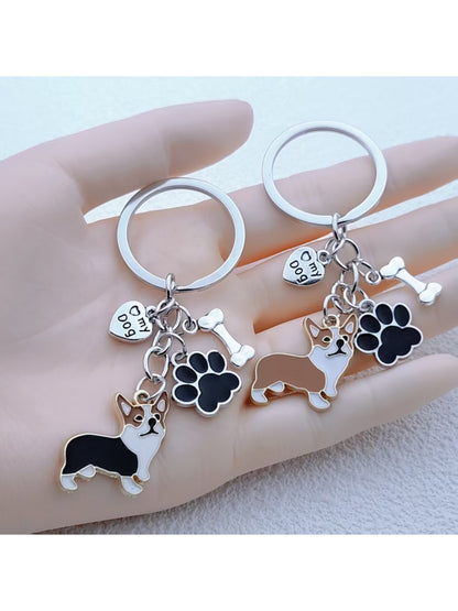 Puppy-shaped keychain with detailed facial features and a metal keyring