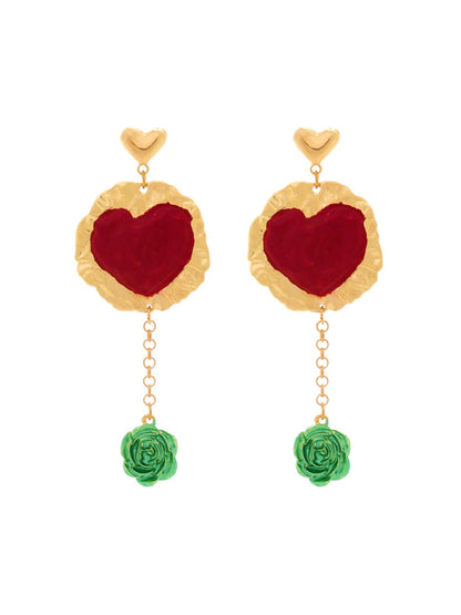 Earedge - Enamel Heart Tassel Dangle Alloy Earrings