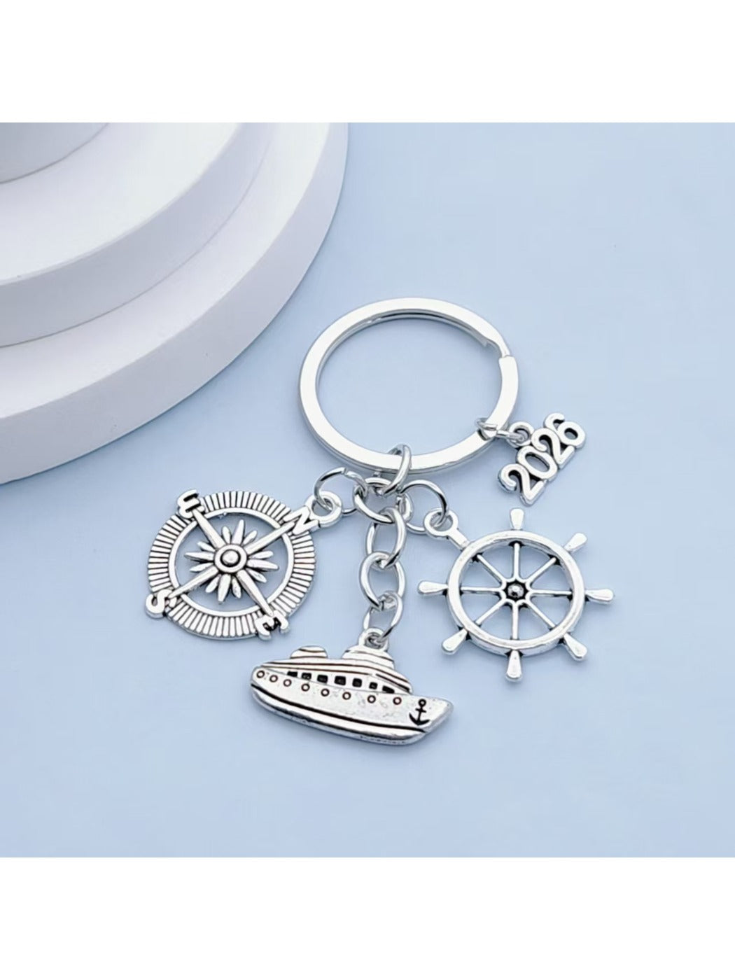 Top view of steamship keychain highlighting intricate metalwork and design