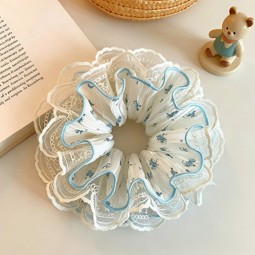 Gifty - Ruffled Openwork Flower Print Lace Scrunchie