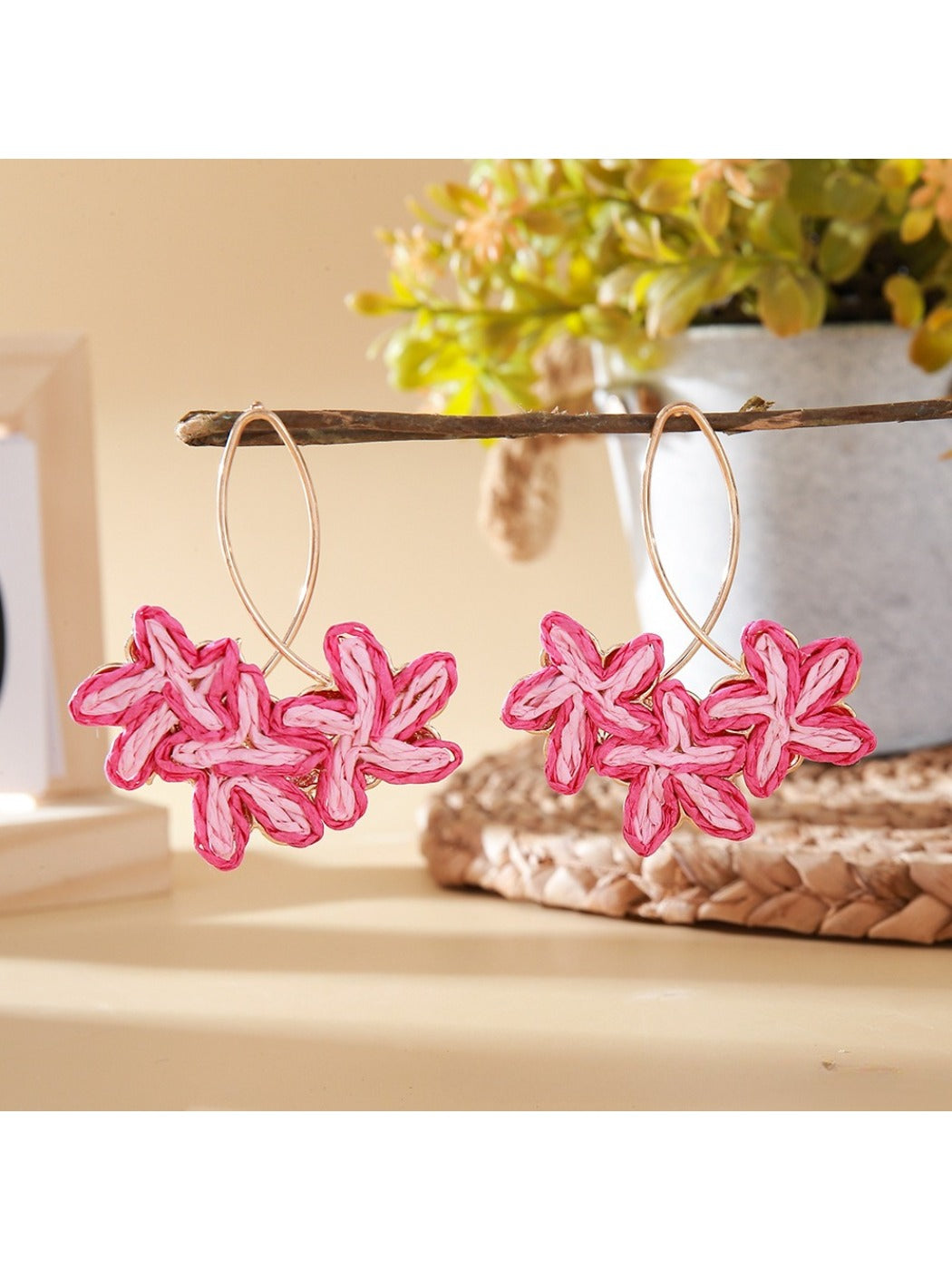 Earedge Sweet Flower Shaped Drop Earrings with gold hooks and pink flower design close-up