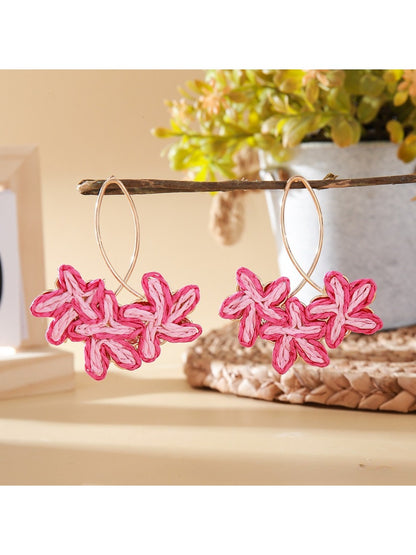 Earedge Sweet Flower Shaped Drop Earrings with gold hooks and pink flower design close-up