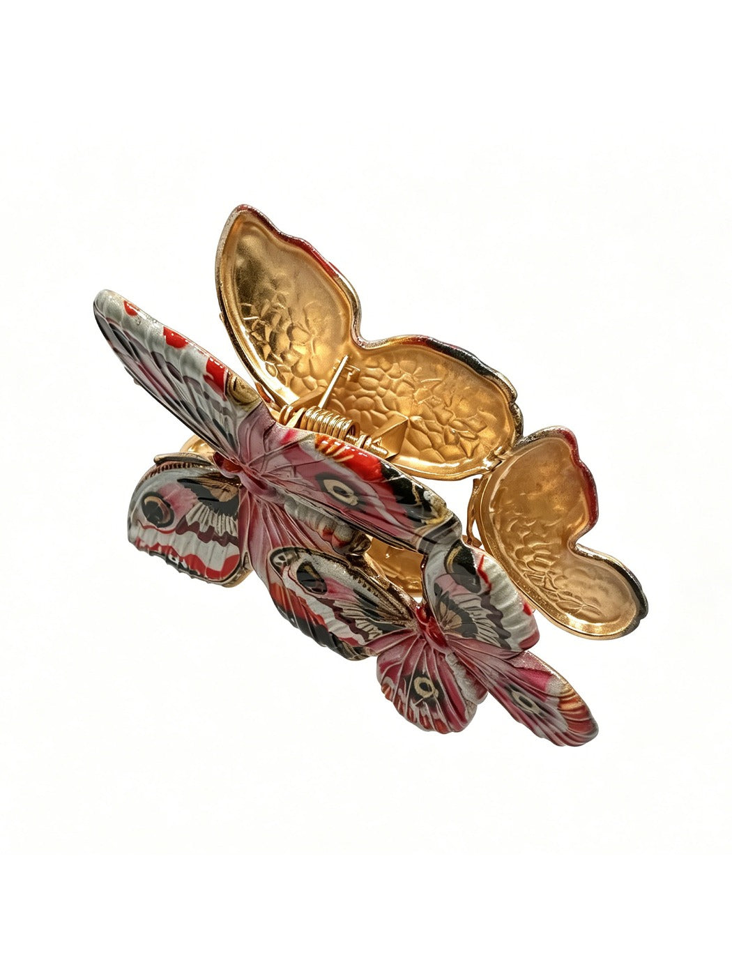 Red butterfly hair clip displayed on white background showing full design