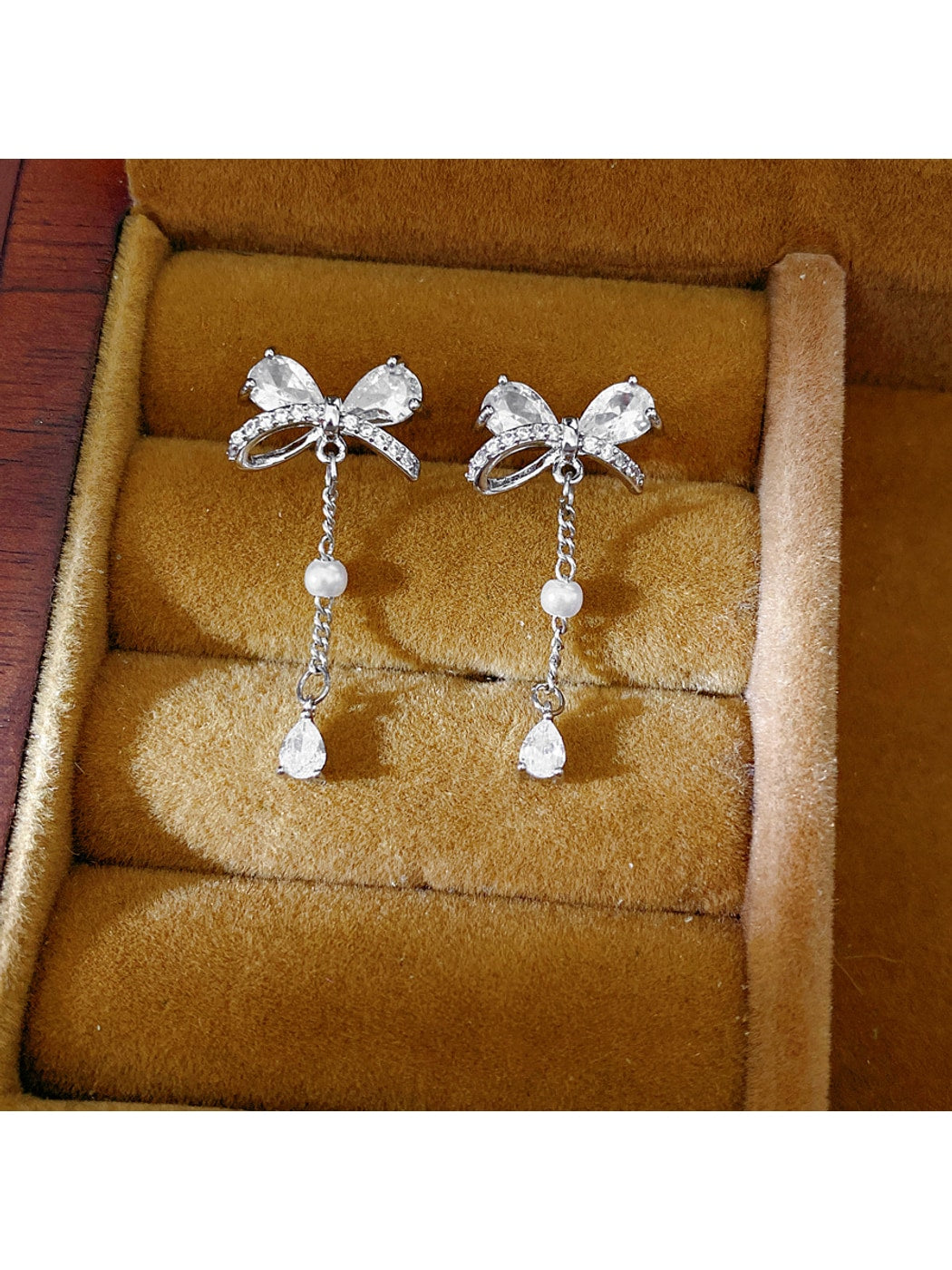 Earedge - Alloy Bow Stud Earrings with Drop Detail Earrings