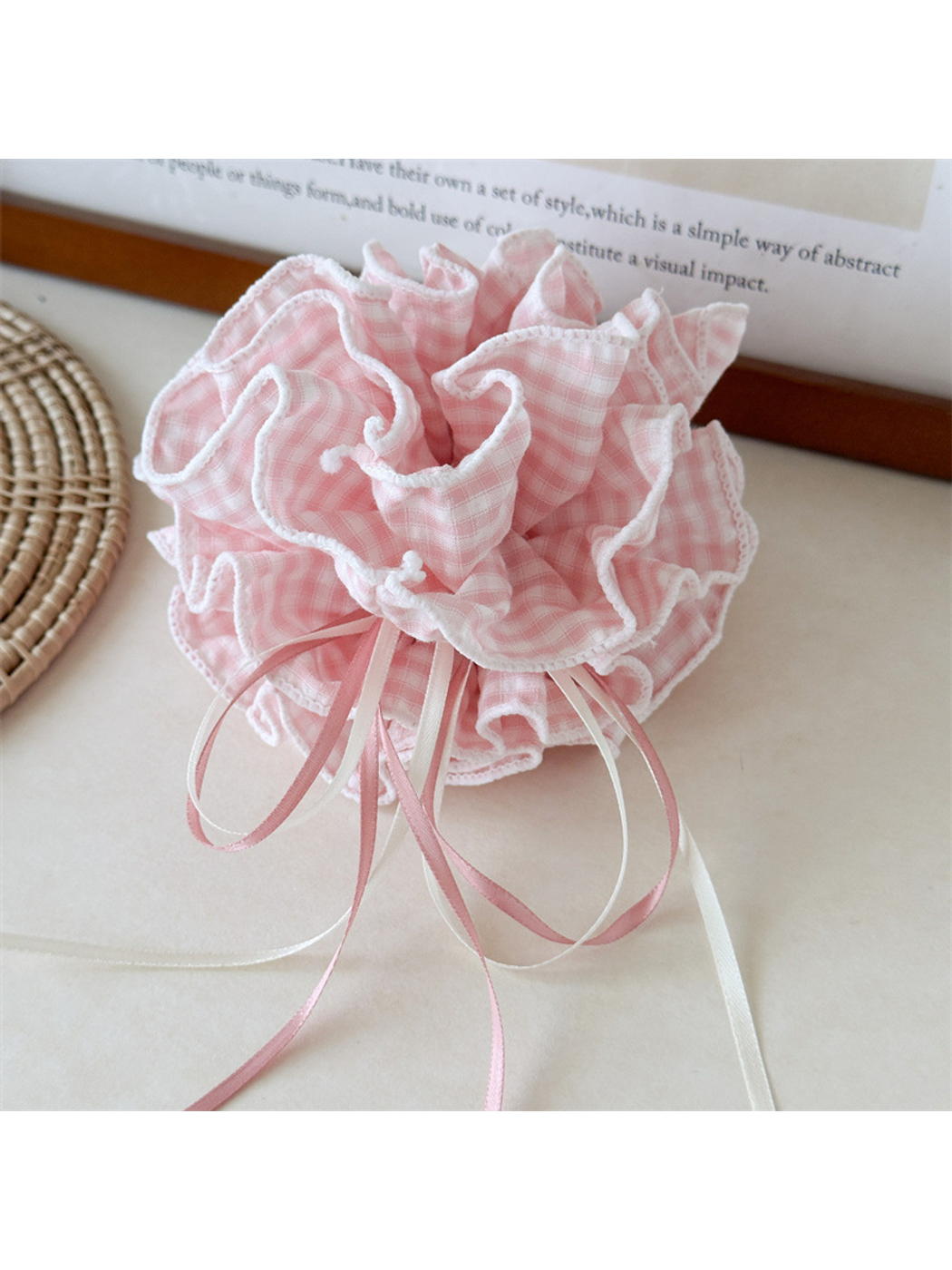 Gifty - Ruffled Gingham Ribbon Bow Hair Scrunchie