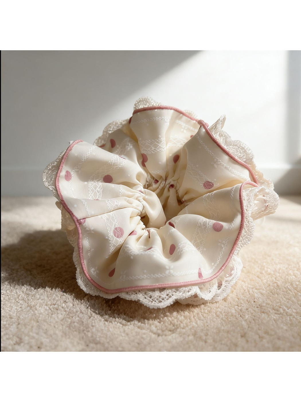 Gifty - Polka Dot Lace Trim Hair Scrunchie