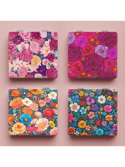 Mirroray - Floral Print Foldable PU Glass Makeup Mirror