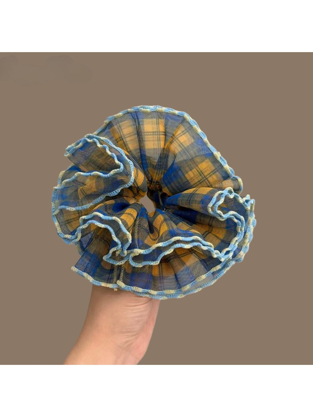 Gifty - Sheer Plaid Ruffled Polyester Scrunchie