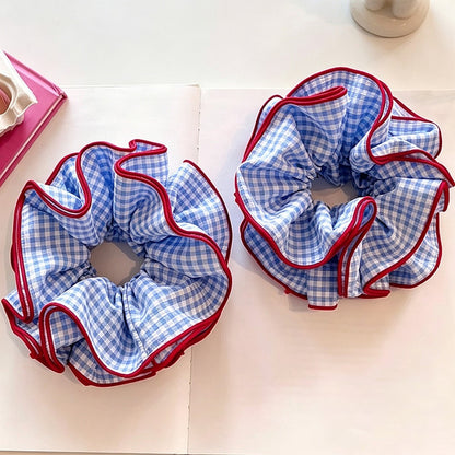 Gifty - Blue Plaid Ruffle Edge Polyester Scrunchie