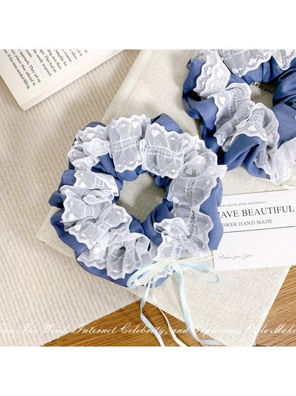 Gifty - Lace Trim Denim Bow Scrunchies