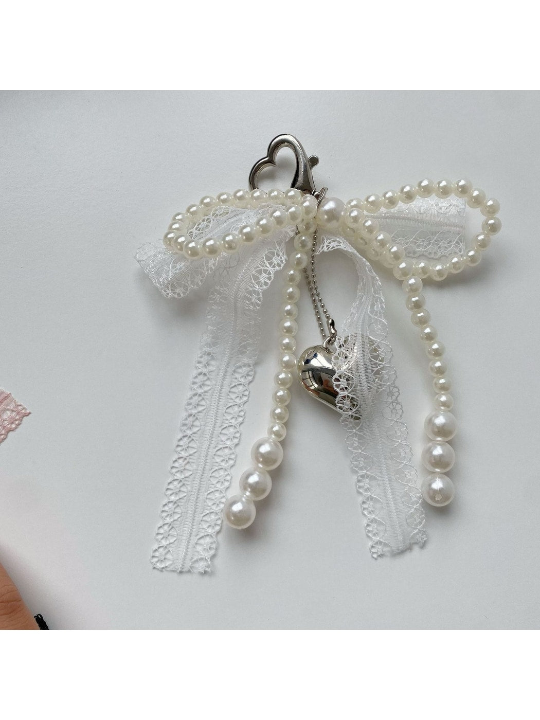 Keypus - Lace Bow Beaded Heart Pendant Bag Charm Keychain