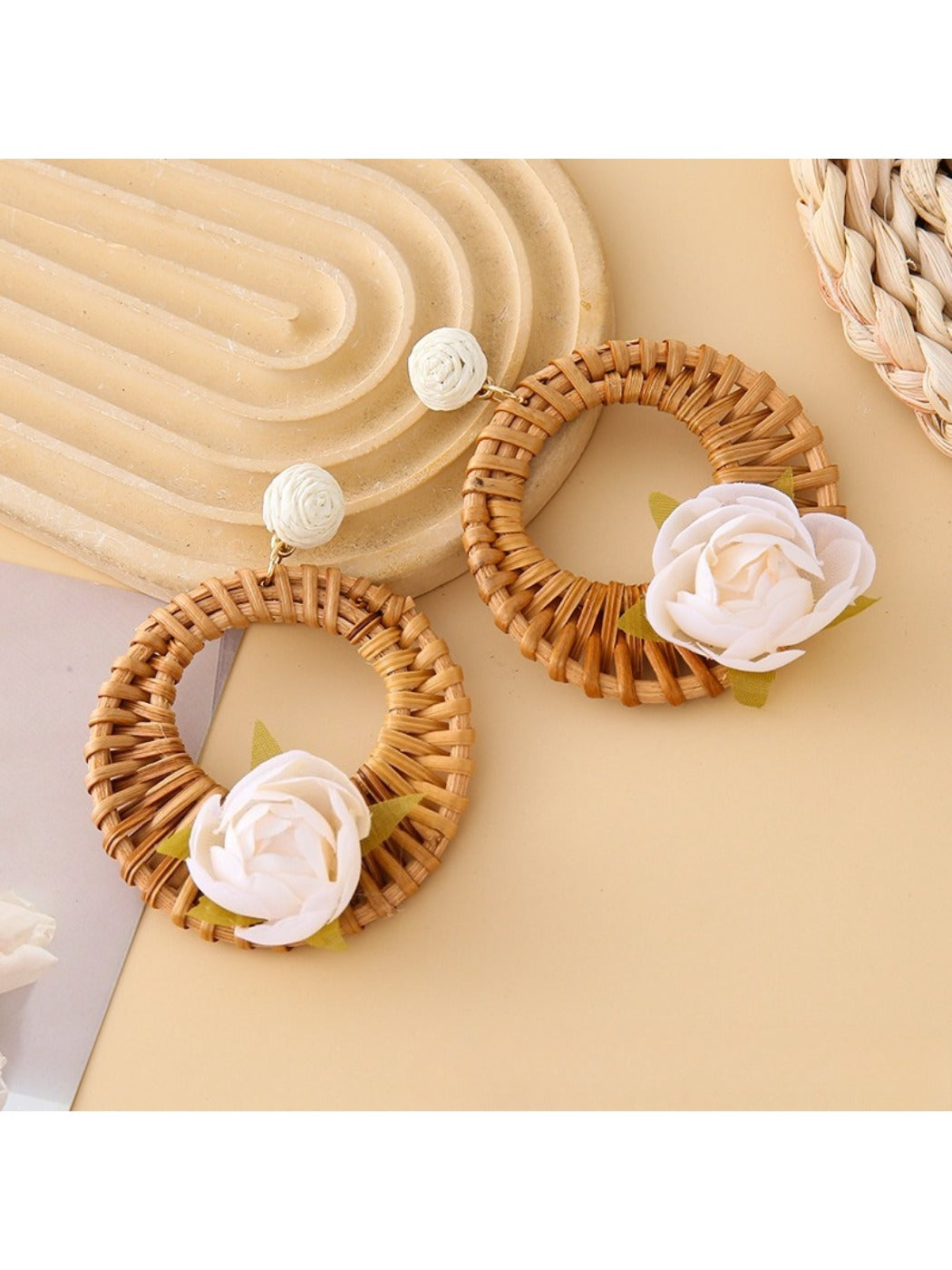 Vintage rattan woven circle earrings styled with casual outfit