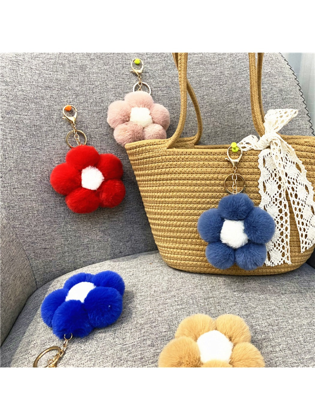 Keypus - Flower Pompom Bag Charm Keychain