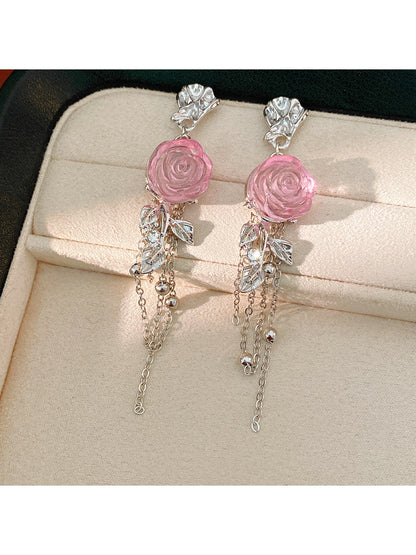 Earedge - Alloy Floral Tassel Dangle Stud Earrings