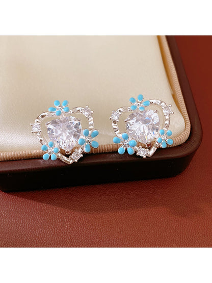 Earedge - Alloy Heart Flower Detail Stud Earrings