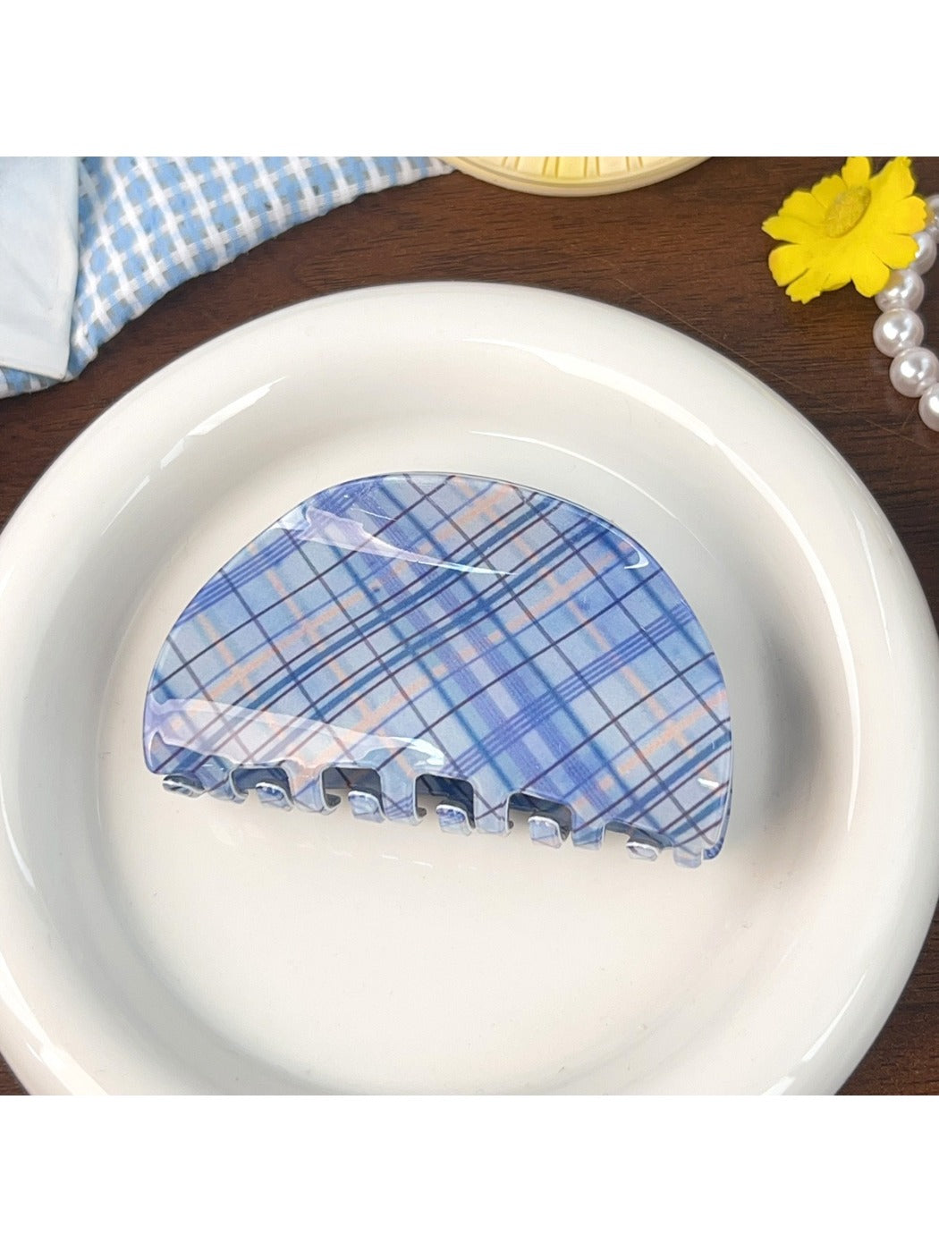 Blue plaid shark hair claw clip displayed with matching accessories