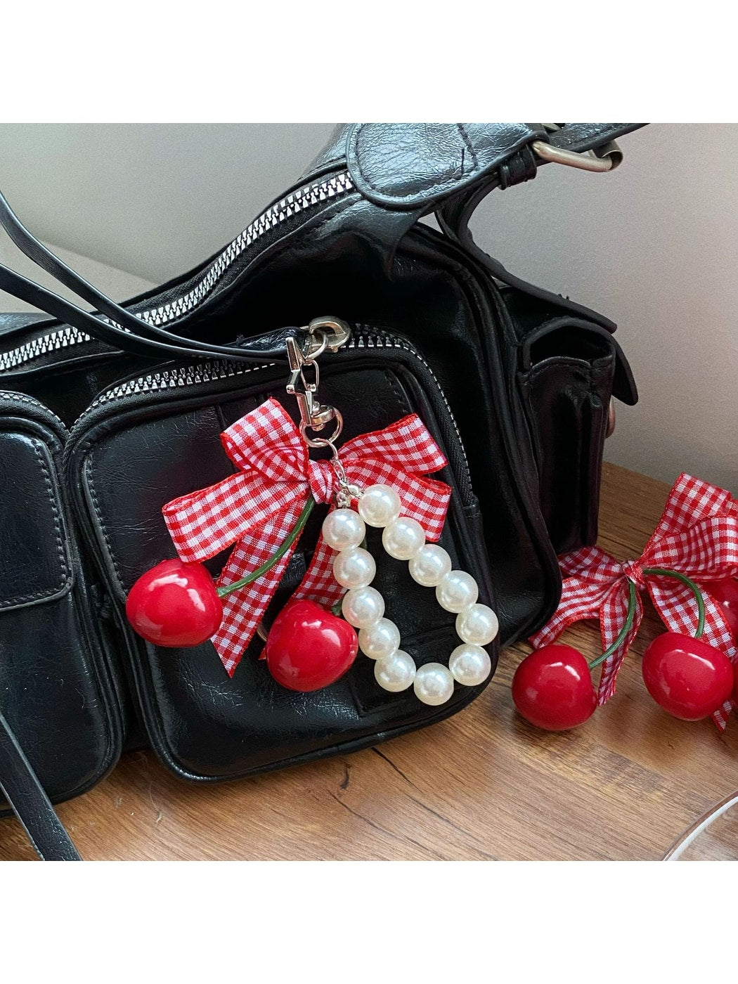 Keypus - Cherry Bow Bag Charm Keychain with Lace Detail