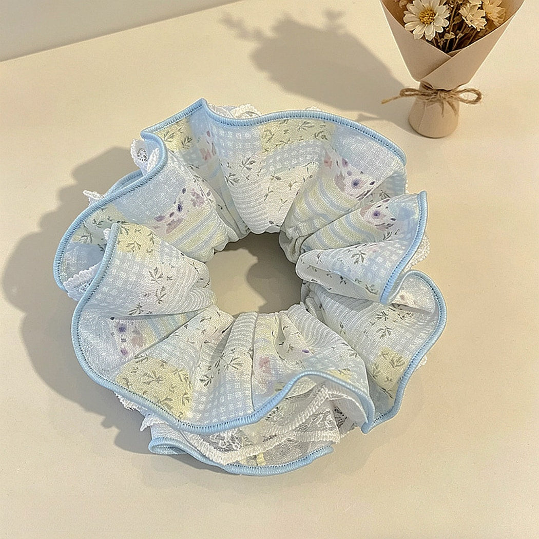Gifty - Floral Lace Trim Ruffle Edge Fabric Scrunchie