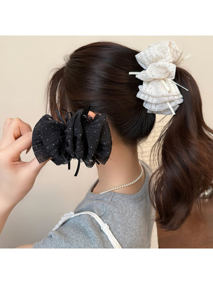 Beau - Polka Dot Mesh Bow Ruffled Banana Clip