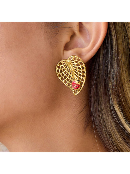 Earedge - Leaf Openwork Earrings with Ladybug Accents