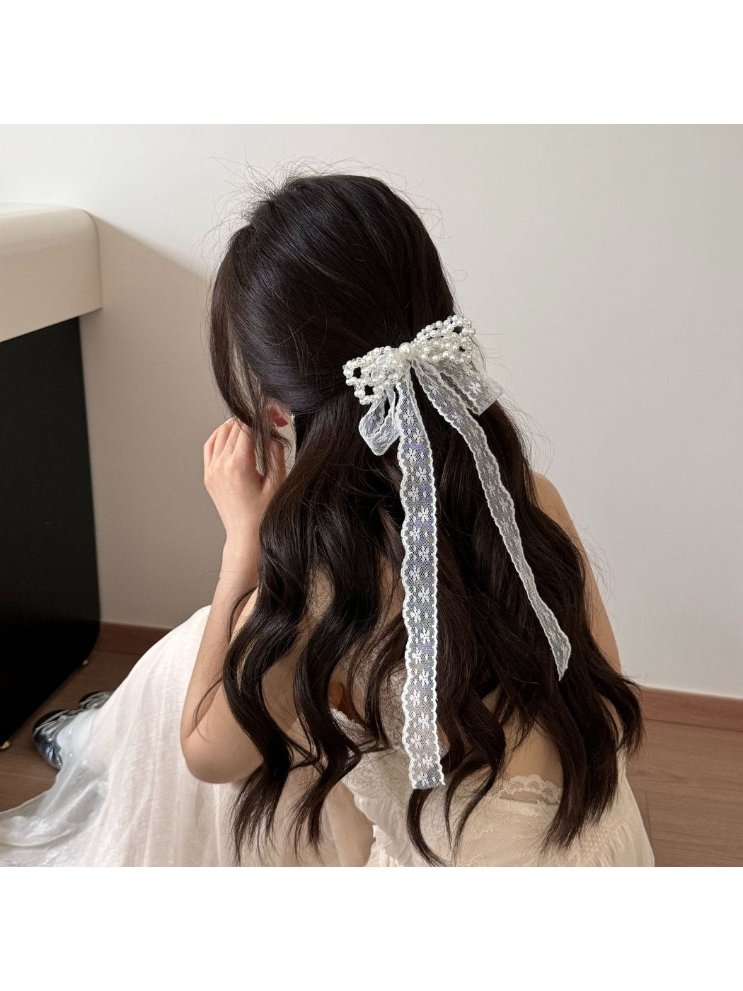 Beau - Beaded Bow Lace Ribbon Long Tail Hair Clip