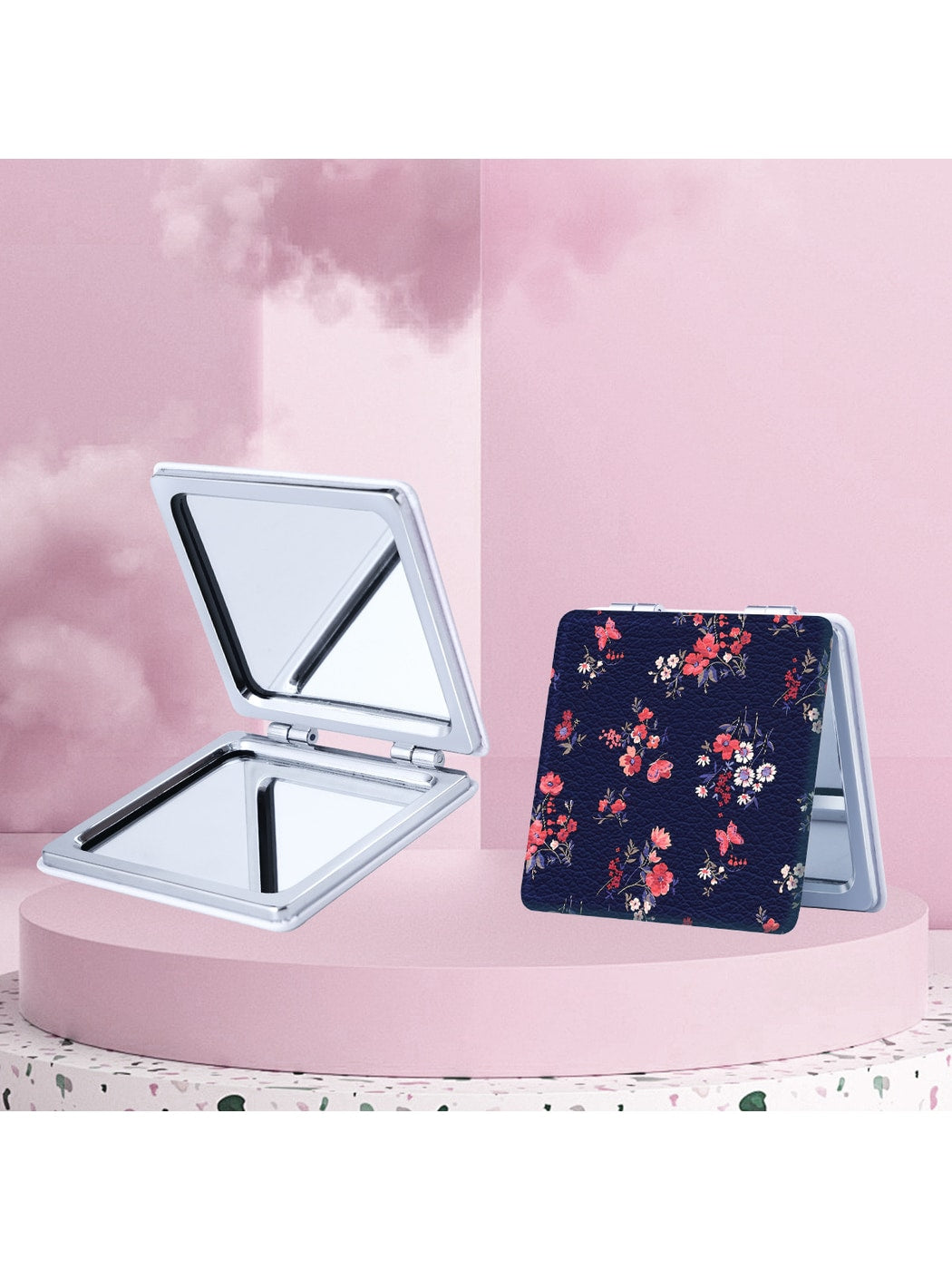 Mirroray - Floral Print PU Cover Folding Makeup Mirror