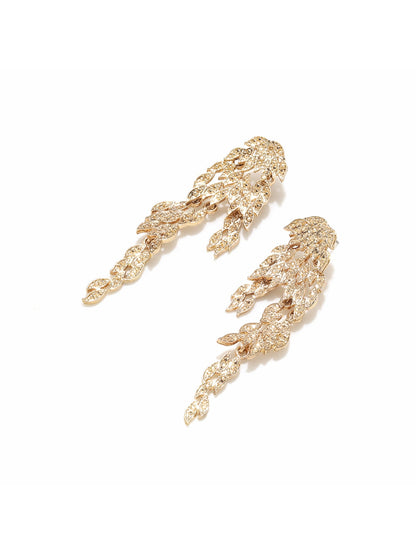Earedge - Plated Leaf Tassel Statement Drop Earrings