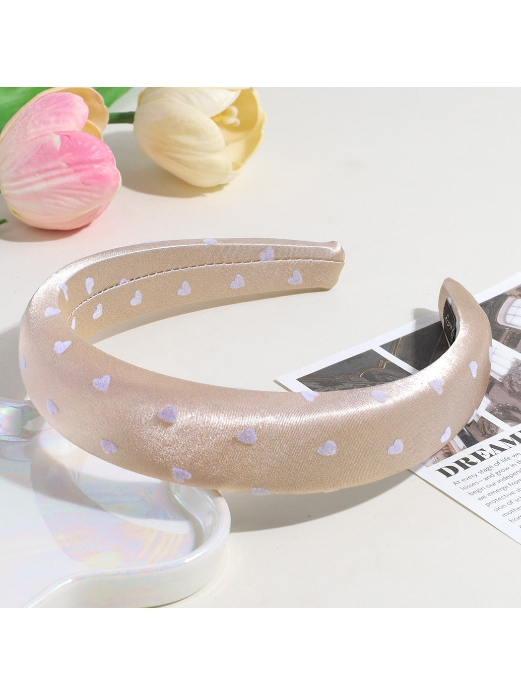 Gifty - Heart Print Satin Look Padded Fabric Headband
