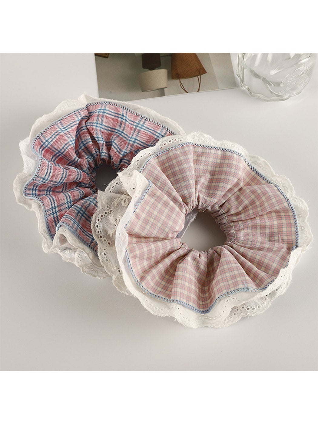 Gifty - Pink Plaid Lace Trim Polyester Fabric Scrunchie