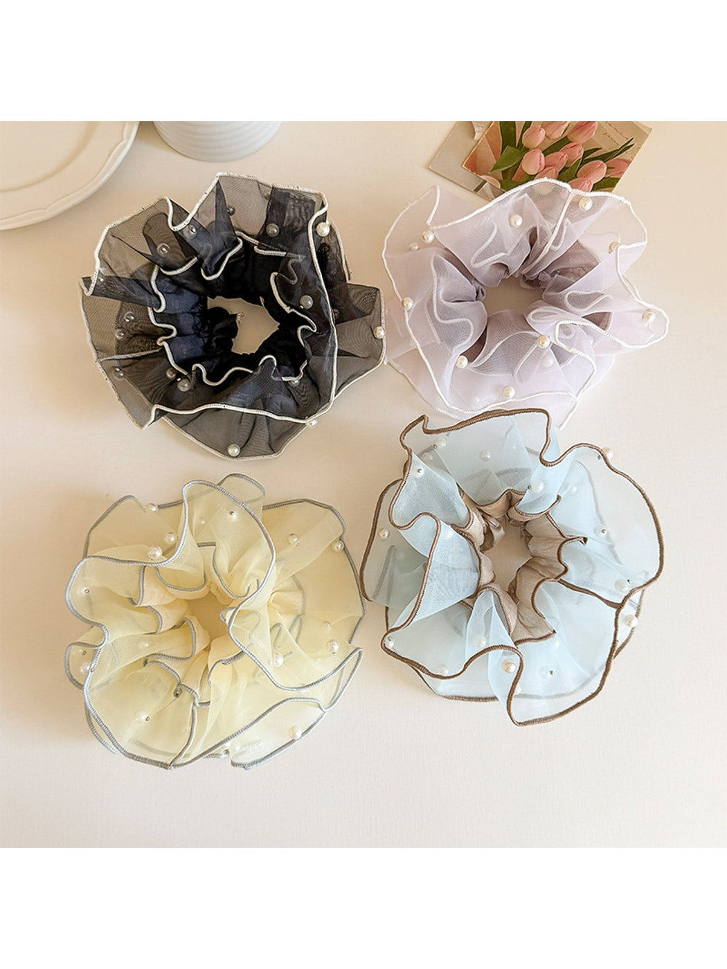 Gifty - Layered Organza Look Bead Detail Scrunchie
