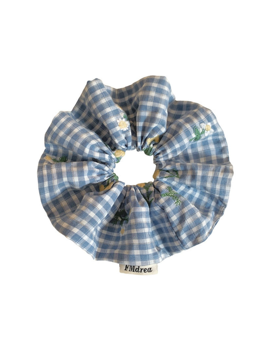 Blue plaid scrunchie displayed on a white background showing full shape