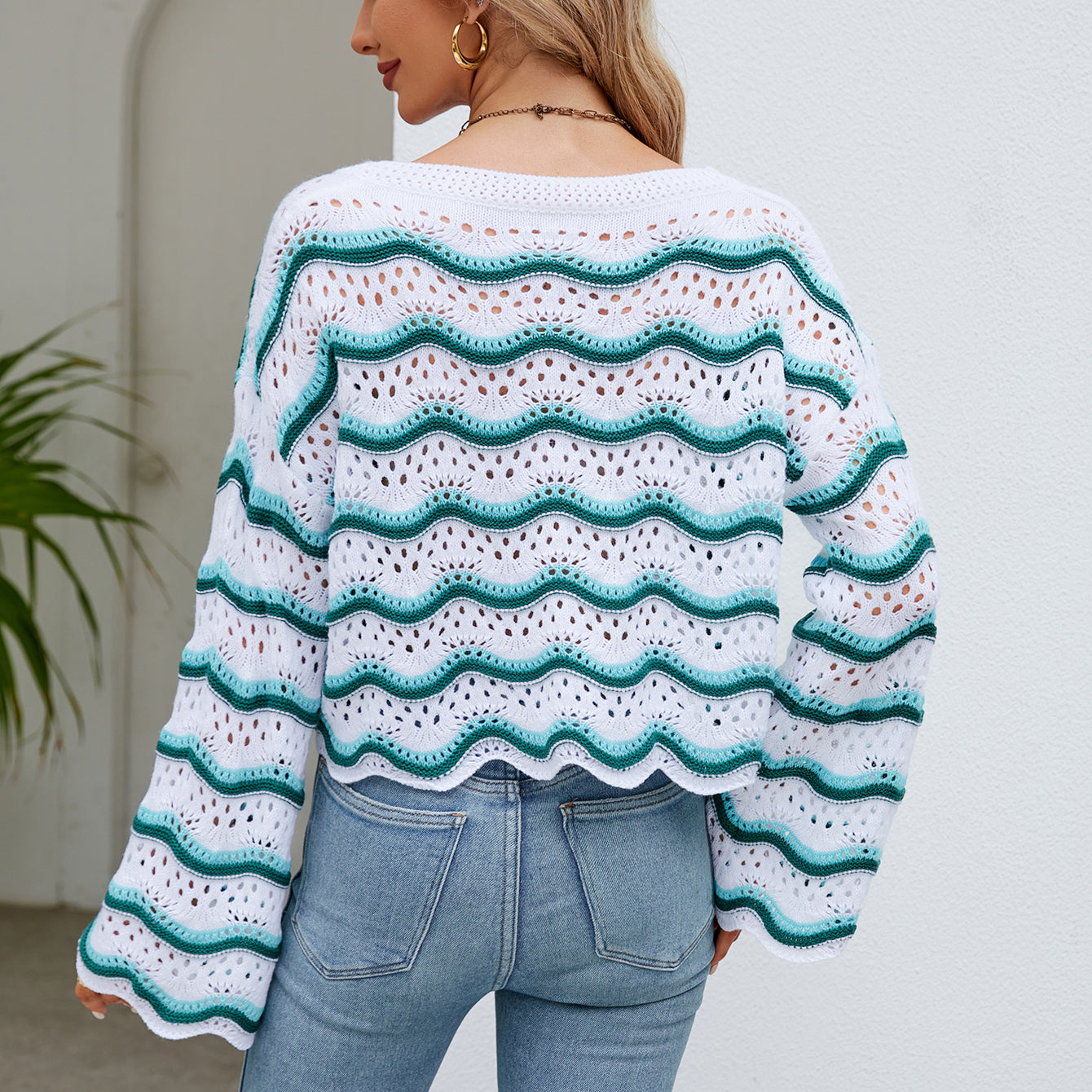 Crochet Fashionable Long Sleeve Striped Knit Sweater