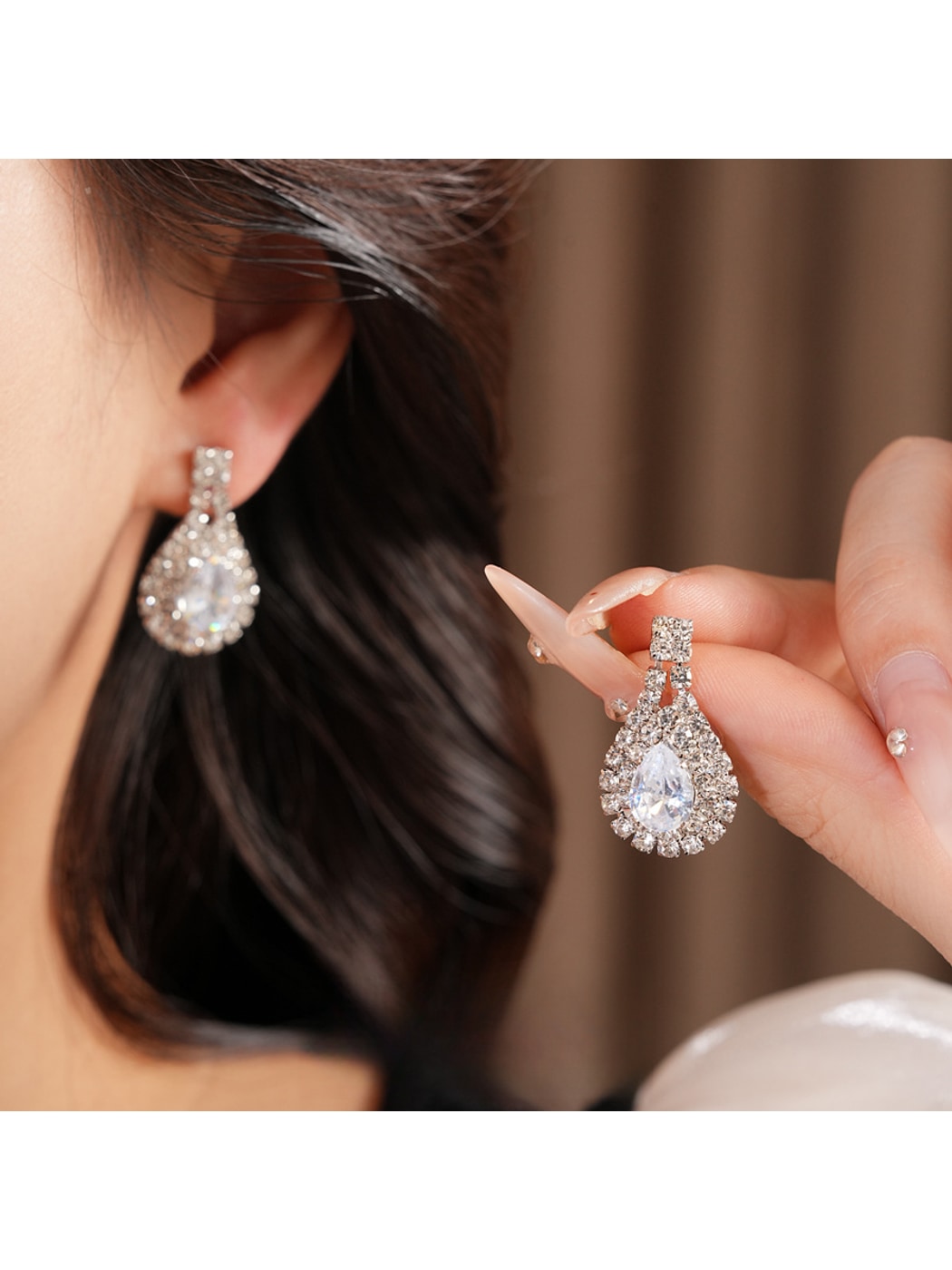 Nozari - Rhinestone Water Drop Necklace and Earrings Set