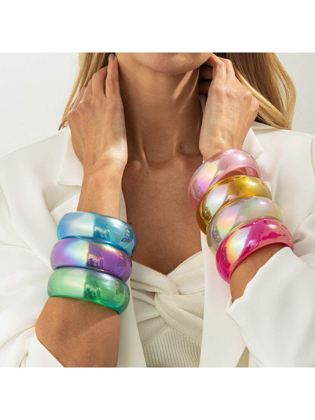 Lovra bangle bracelet worn on wrist with minimalist outfit