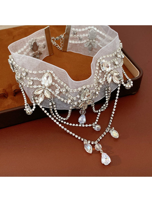 Nozari - Rhinestone Teardrop Chiffon Chain Necklace