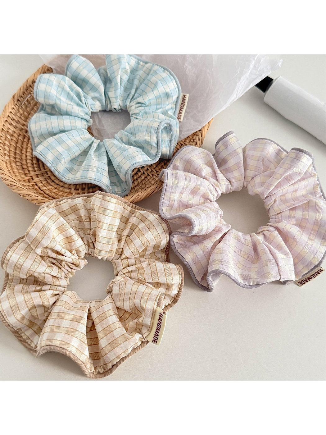 Gifty - Gathered Plaid Trim Polyester Bun Scrunchie