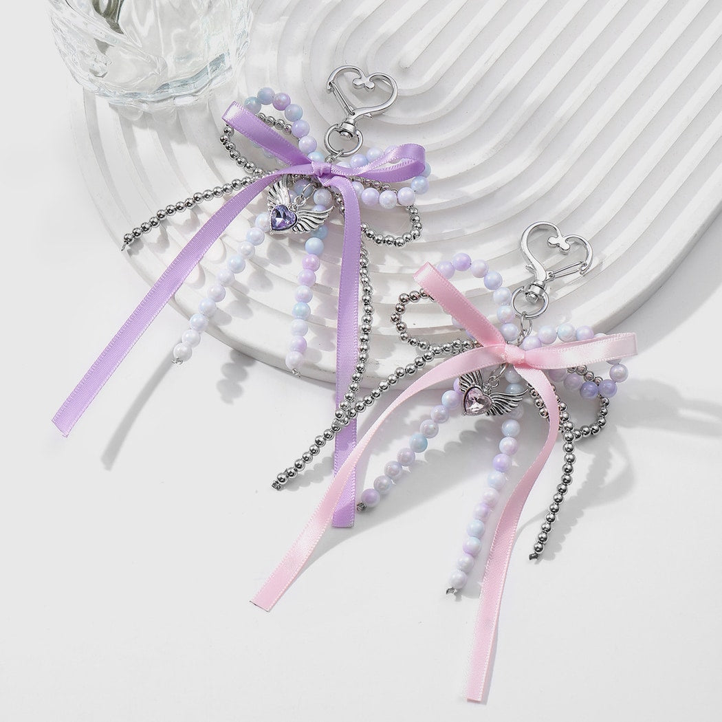 Keypus - Sweet Beaded Ribbon Bow Heart Keychain