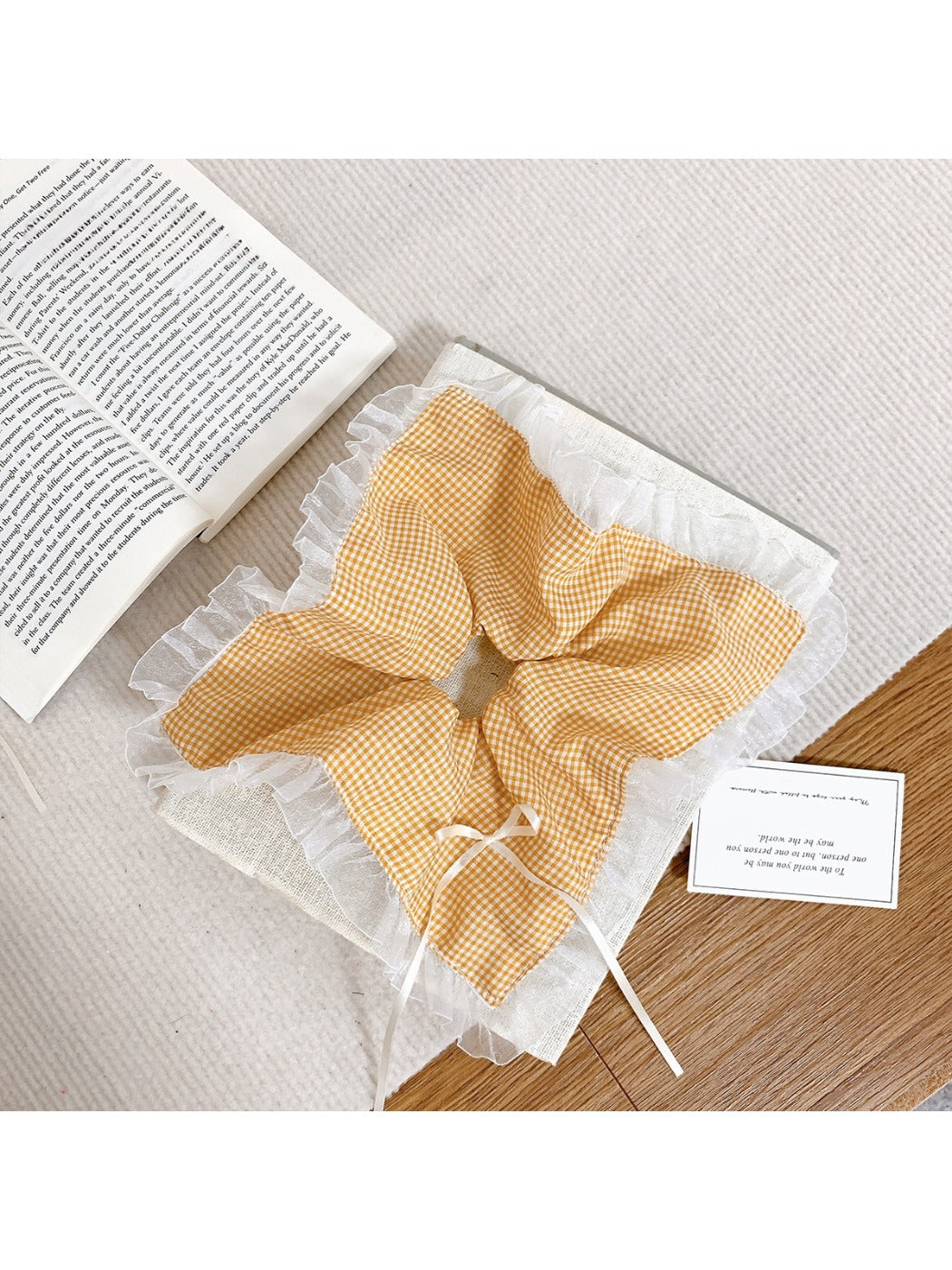 Gifty - Yellow Plaid Hair Tie with Lace