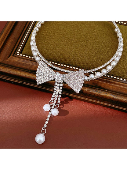 Nozari - Layered Bow Tassel Rhinestone Necklace