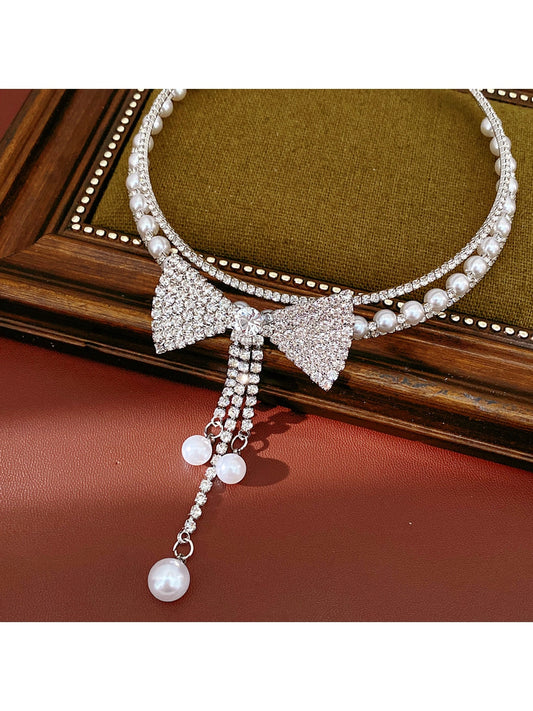 Nozari - Layered Bow Tassel Rhinestone Necklace