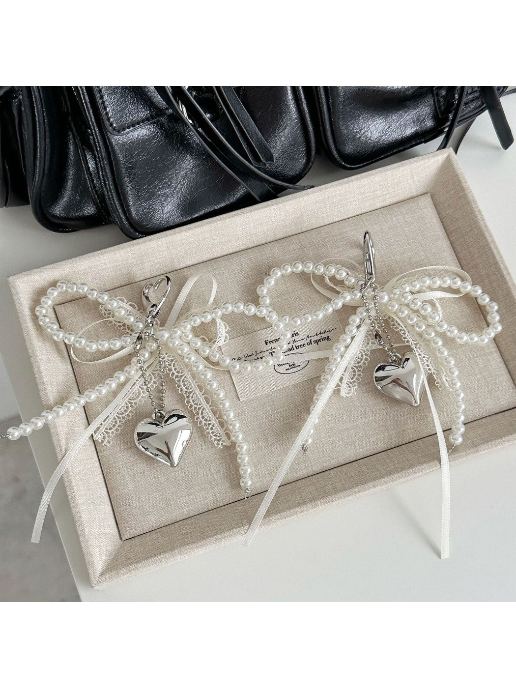 Keypus - Layered Lace Bow Heart Pendant Bag Charm Keychain