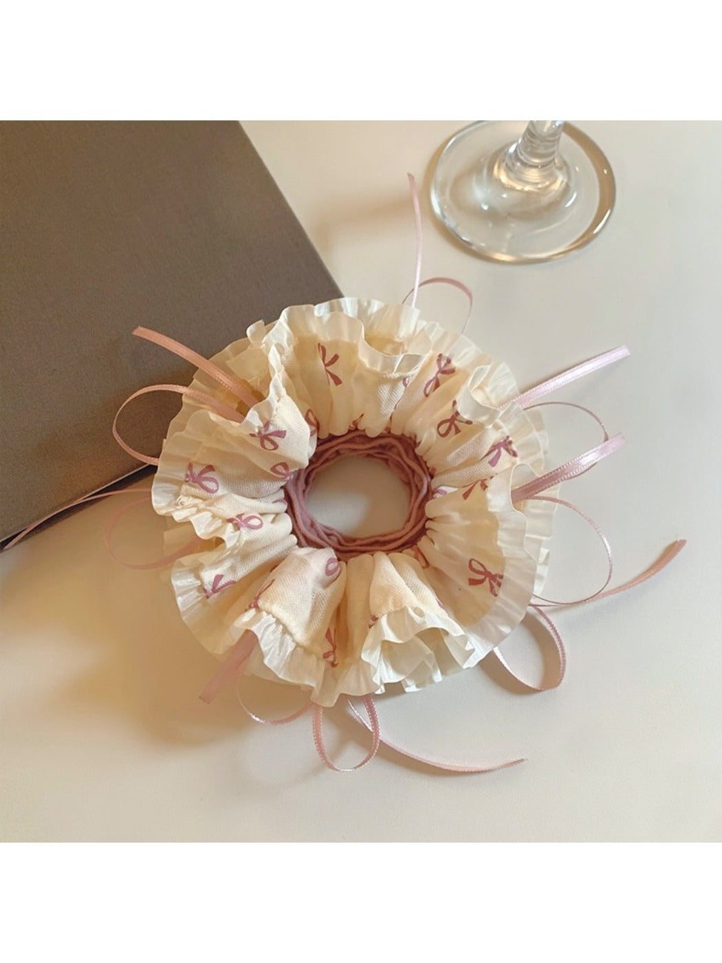 Gifty sweet bow print scrunchie styled in hair