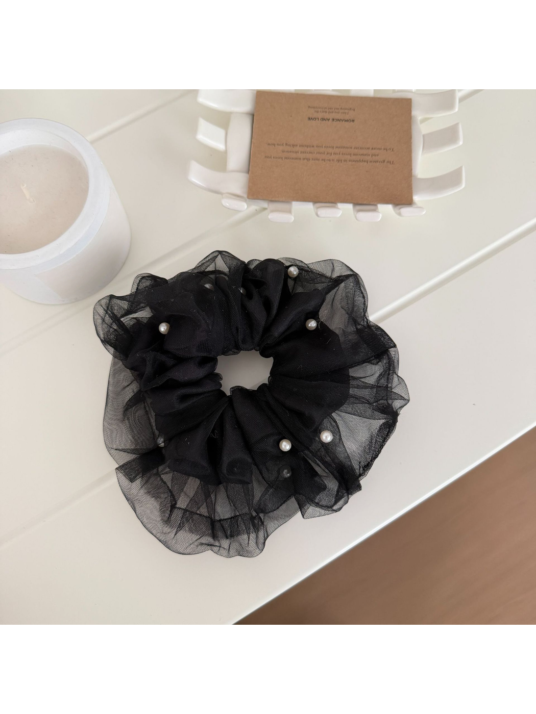 Gifty - Mesh Ruffle Beaded Detail Hair Scrunchie