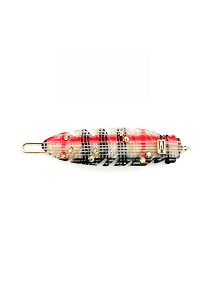 Beau - Check Pattern Feather Detail Acetate Side Barrette