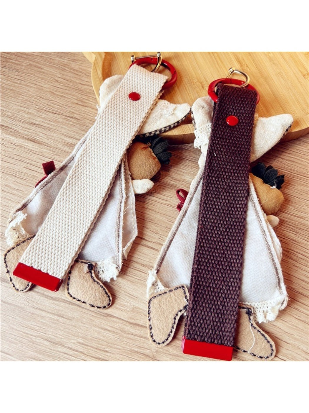 Side view of Keypus fabric patchwork keychain displaying layered fabric pieces and metal ring
