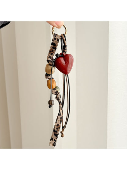 Keypus - Retro Heart Beaded Leopard Detail Keychain