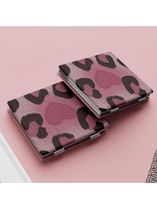Mirroray - Leopard Print Heart Pattern Square Compact Mirror