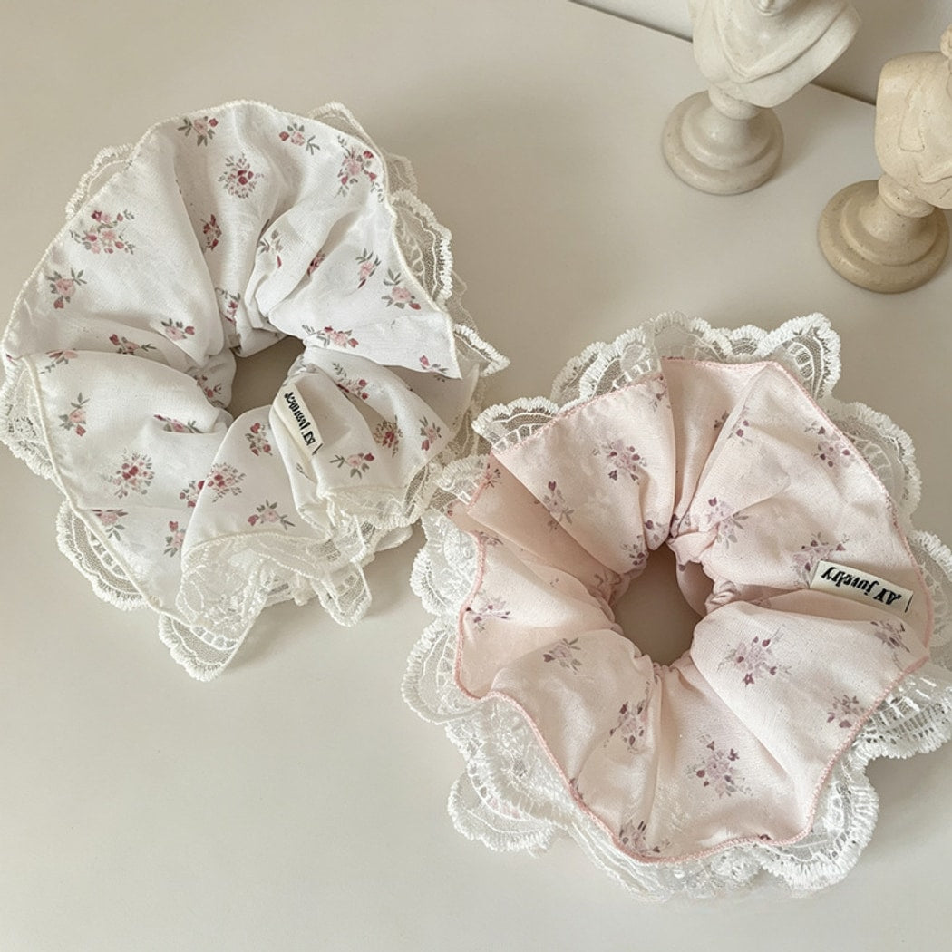 Gifty - Ruffled Floral Lace Edge Fabric Scrunchie